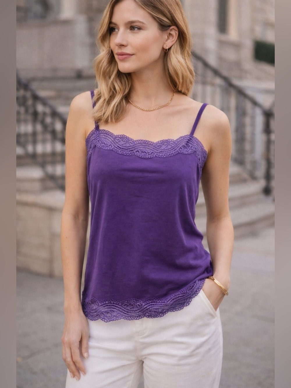 Ann Taylor Purple Lace Trim Camisole Tank Top Size M